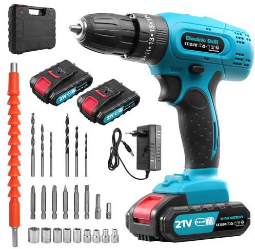 wowspeed Akkuschrauber 21V, Akku Bohrschrauber mit 2 Akkus 2.0Ah, 50Nm Akku bohrmaschine, 3xSpiralbohrer, 3xBrad Point Bohrer, 6xSchraubendreher-Bits,29tlg Zubehöre Set für Haus und Garten DIY Projekt