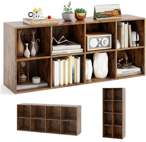 KOMFOTTEU Bibliothèque Ouverte à 2 Niveaux, 8 Casiers, Meuble Rangement en Bois avec 2 Dispositifs Anti-basculement, Armoire de Chambre Basse, pour Livres & Jouets, 121,5 x 29 x 61 cm (Brun)