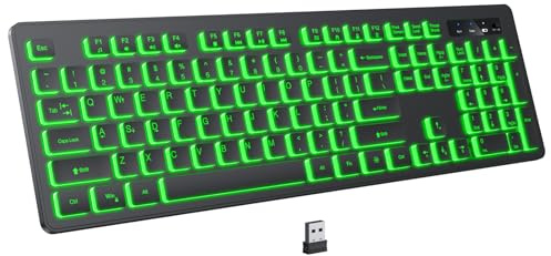 KOPJIPPOM Kabellose Tastatur mit Hintergrundbeleuchtung, 2,4 G, leise, kabellose beleuchtete Tastatur, Computer-Tastaturen in voller Größe mit 7 farbigen Hintergrundbeleuchtungen, wiederaufladbare