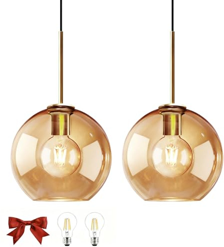Bravsekai Amber Glass Pendant Lights Kitchen Island Lighting Globe Pendant Light Fixtures Modern Pendant Lighting for Kitchen Island Bedroom Living Dining Room Light Fixture(20cm, 2-Pack)