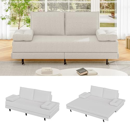 Schlafsofa für 2-Sitzer, modernes Schlafsofa, 200 x 167 x 73 cm, Schlafsofa mit Rückenlehne und weichen Kissen, ausziehbares Ausziehbett, Leinenstoff, für Wohnzimmer (beige)