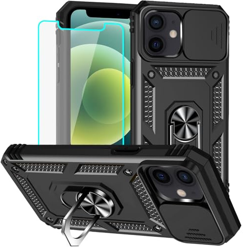 Yiakeng for iPhone 12 Mini Case with Screen Protector: [Military Grade 20ft. Drop Tested] Slide Camera Cover Ring Shockproof Protective Phone Case for - iPhone 12 Mini (Black)