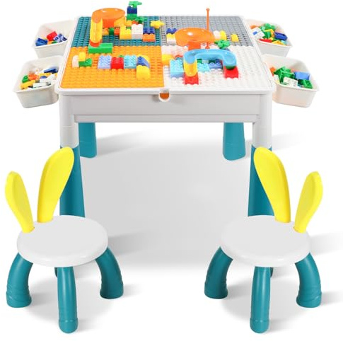 Peviasot Kindertisch, Kinder-Bausteintisch mit 2 Stühlen, Spieltisch mit 251 Stück Bausteine, Höhenverstellbar Kindersitzgruppe, Multifunktionales Baustein Tisch mit Stauraum, 2-seitige Spielplatte