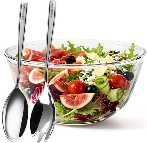 Greentainer Glass Salad Bowl with Stainless Steel Fork & Spoon, Large Mixing Bowl 4.5L Salad Serving Bowl for Baking, Cooking, Prepping & Food Prep, Dishwasher & Microwave Safe
