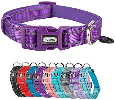 YUDOTE Reflective Adjustable Nylon Dog Collar with Reflevtive Soft Neoprene Padding for Large Sized Dogs Daily Use Dark Purple L