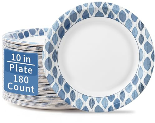 OuMuaMua 10 Inch Paper Plates, 180 Count Heavy Duty Disposable Plates, Soak Proof & Cut Resistant, Microwave Safe, Study Bulk Plates for Everyday Meals, Lunch & Family Use