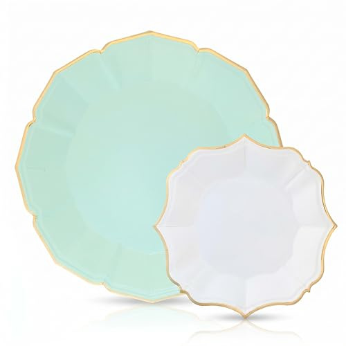 40Pcs Mint Sage Green Paper Plates 10 7 Combo, 2 Tier Scalloped Disposable Plates Set with Gold Rim for Tea Party Easter Wedding Birthday Bridal Shower Baby Shower Graduation New Year Gathering