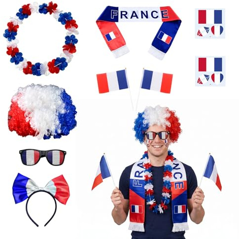 RUISOPE 9 Pièces Kit Supporter France, Coupe du Monde 2026 Football Accessoire Bandeau Écharpe Perruque Tatouages Temporaires Lunettes Collier de Fleurs, Drapeau à Main Accessoire Supporters France
