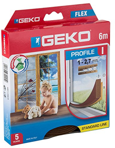 Geko 940009 Türdichtung/Fensterdichtung I-Profil-Selbstklebende zuschneidbare Dichtung für Türen und Fenster, L: 6 m, B x H: 9 x 3 mm, Langlebig- 5 Jahr, braun