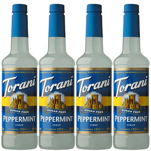 Torani Sugar Free Coffee Syrup, Peppermint Flavour (Pack of 4 x 750ml) | Zero Calorie Drink Syrup, No Added Sugar, Barista Style for Coffee, Lattes and Iced Drinks, Vegan Friendly