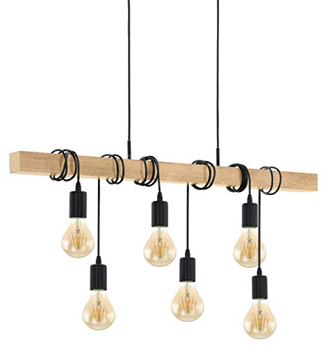 EGLO Pendellampe Townshend, 6 flammige Vintage Pendelleuchte im Industrial Design, Retro Hängelampe aus Stahl und Holz, Farbe: Schwarz, braun, Fassung: E27