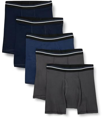 Amazon Essentials Boxer Intimi, in Morbido Cotone, Senza Etichetta Uomo, Pacco da 5, Blu Marino Scuro/Blu Scuro/Carbone, L