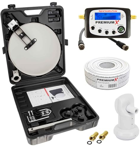 PremiumX Camping Satelliten-Anlage Satellitenschüssel SAT TV Signalfinder Single LNB 10m Kabel F-Stecker kompakt im Koffer
