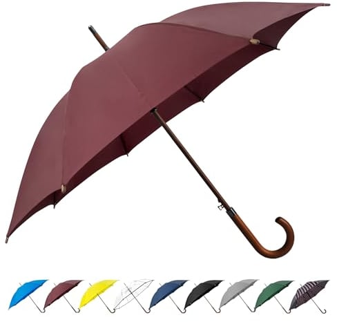 SoulRain Regenschirm mit klassischem Holzgriff, automatisches Öffnen, winddicht, transparent, unzerbrechlich, 121,9 cm, (Weinrot)