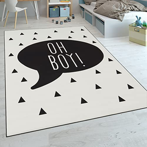 Paco Home Kinderteppich Kinderzimmer Jungen Babyteppich Spruch Trend Schwarz Weiß, Grösse:140x200 cm
