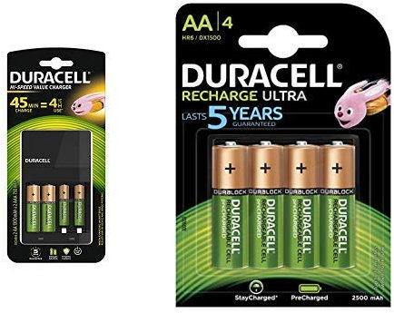 Duracell Ladegerät mit 4 Stunden, 1 Zählen & Ultra HR6DX1500 Akkus mit geringer Selbstentladung (2500mAh) 4er Pack