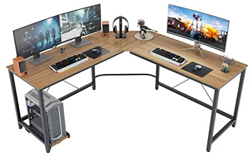 DlandHome Gaming Schreibtisch L Form Großer Eckschreibtisch Gaming Winkelschreibtisch Computertisch, Bürotisch Ecktisch Studie PC Tisch Workstation mit CPU-Ständer 150 cm + 150 cm,Eiche & Schwarz