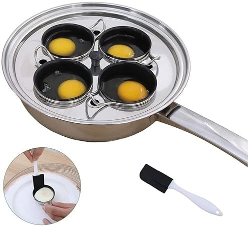 Pocheuse à œufs 4 tasses – Cuiseur à œufs pochés en acier inoxydable – Plaque de cuisson à induction – Batterie de cuisine avec 4 grands coquetiers antiadhésifs sans PFOA et spatule en silicone