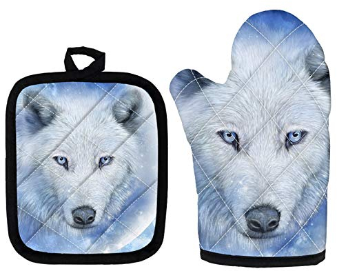 HUGS IDEA Ofenhandschuhe Isolierte Hot Pads - Weißer Wolf Schnee Elegante Hitzebeständige Grill BBQ Handschuhe Ofenhandschuhe Küche Kochen Handschuhe zum Backen, Grillen, Grillen