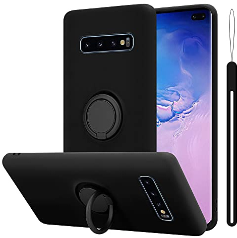 Cadorabo Hülle kompatibel mit Samsung Galaxy S10 Plus Schutzhülle TPU Silikon Case Liquid Design mit Ring Slim Kratzfest Liquidsilikon Microfaser Case Hülle für Galaxy S10 Plus in Schwarz