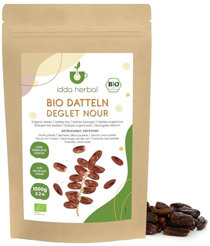 IDDA Herbal Dattes Dénoyautées Deglet Nour BIO 1kg, Dattes Bio Séchées Dénoyautées non Sucrées