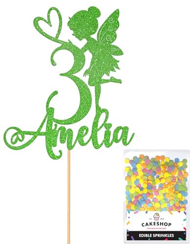 Personalised Fairy Gltter Cake Topper- Green Any Custom Name & Age Glitter Cake Decoration and Sprinkles - Happy Birthday Decorations - Personalised Toppers for Cakes by Cakeshop