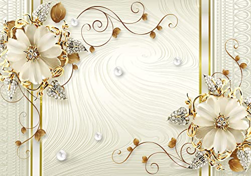 decomonkey Fototapete Blumen 350x256 cm Tapete Fototapeten Vlies Tapeten Vliestapete Wandtapete moderne Wand Wandbild Schlafzimmer Wohnzimmer Abstrakt Diamanten Perlen en Beige