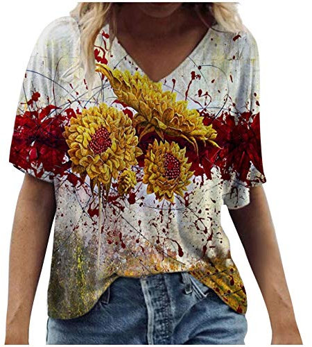 schulterfrei Oberteil Damen T-Shirt Damen Sommer Kurzarm V-Ausschnitt Tunika Gradient Lässiges Drucken Blusen Sommer Große Größen Oberteile Lässiges Basic Tops 2022 Mode Blusen