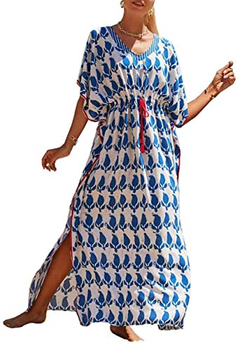 Bsubseach Plus Size Caftans for Women Long Kaftan Dresses Swimsuit Cover Up with Waist Drawstring Blue White