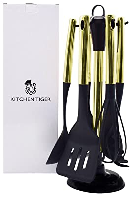 KITCHEN TIGER 7-teiliges Küchenutensilien Set (Gold) | Edelstahl Nylon Küchenhelfer | Hitzebeständiges Robustes Küchenzubehör | Küchenset inkl. Kochlöffel Set, Schneebesen & Utensilienhalter (Gold)