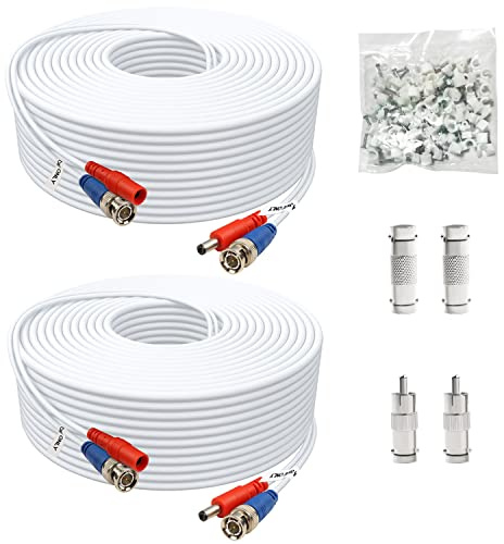 Aimyzii Cable BNC de 200 pies, paquete de 2 cables de alimentación de video BNC, cable de cámara de seguridad para cámara CCTV DVR (incluye 4 adaptadores BNC, 1 clip de cable de bolsa), color blanco