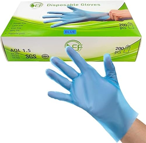 EF PLASTIC ***Box Of 200*** Disposable Gloves Powder Latex Vinyl Free 100% TPE MULTI PURPOSE Glove 100% Recyclable (Extra Large), Blue, (EF202105001)