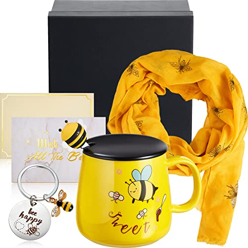 4 Stück Biene Thema Geschenkset für Frauen, Einschließlich Keramik Tasse Biene mit Deckel und Löffel Bienen Schal Bee Happy Biene Schlüsselanhänger mit Box und Geschenkkarte Geschenk