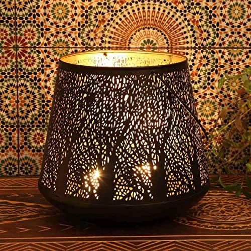 Orientalisches Windlicht Como Groß Ø 28cm H 45cm Metall innen Gold außen schwarz mit Henkel marokkanischer Kerzenhalter Wohn-Deko Weihnachten IRL73