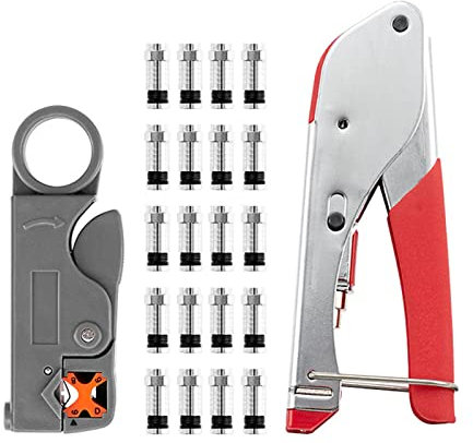 Karlak Netzwerkkabel-Werkzeugset,Netzwerkkabel Werkzeug-Set Crimpzangen-Set Koaxialkabel-Presszangen drehbar einstellbare Abisolierzange mit 20 Stück F-Stecker