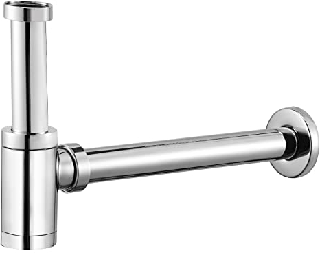 Design Siphon Chrom, Syphon Sifon für Waschbecken & Waschtisch, Flaschensiphon 1 1/4 x 32mm, höhenverstellbar Tauchrohr, Universal Geruchverschluss mit Reinigungsöffnung, Gummimanschette