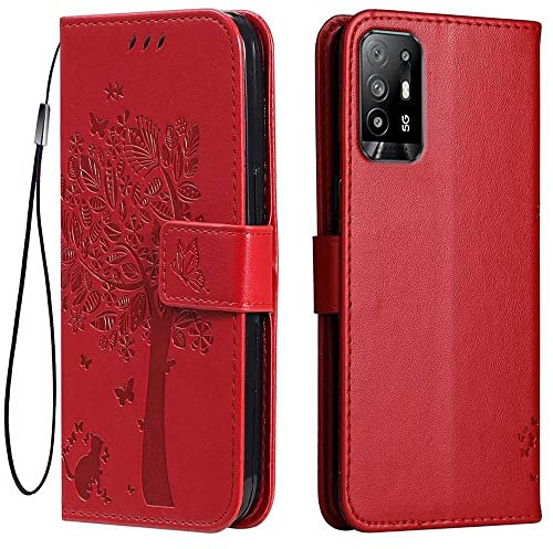 Topme Étui en Cuir pour Oppo A94 5G (6.43 inches), [ Coque Housse de Téléphone Style Motif Chat Et Arbre] - Rouge