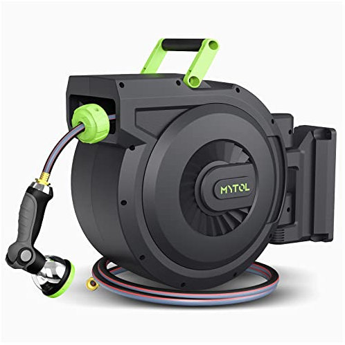 MYTOL Einziehbare Gartenschlauchtrommel 1/2 Zollx30.5 m + 1.8 m Wandhalterung Schlauchtrommel mit automatischem Slow Rewind System, 180° drehbare Halterung, für Gartenbewässerung