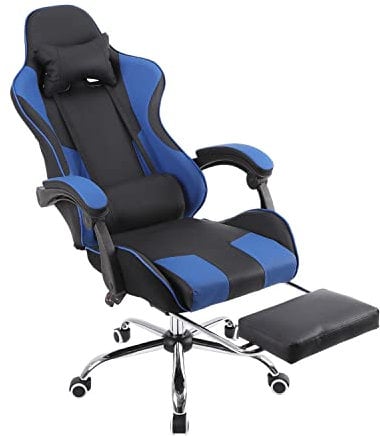 Panana Gaming Chair Reclining Gas Lift Swivel Chair Padded Armrest,Footrest,Pillow (Blue)