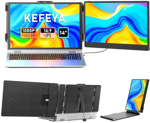 KEFEYA Laptop Screen Extender, 14 FHD 1080P IPS Laptop Monitor Extender Dual Screen, Portable Monitor for Laptops 13-17 with USB-C/HDMI Port, Plug n Play for Windows/Mac/Android/Switch/PS5