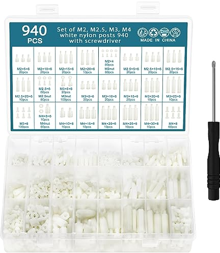 HSEAMALL 940PCS Nylon Hex Standoff Spacer Screw Nut M2 M2.5 M3 M4, Male Threaded Pillar PCB Motherboard Standoff Screw-White