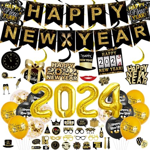Silvester Party Dekoration Set 2024, Happy New Year Party Dekorationen 2024, Happy New Year Ballons 2024, Happy New Year Banner, Black Gold Happy Neujahr Deko, Silvester Party Dekoration 2024 (Stil 1)