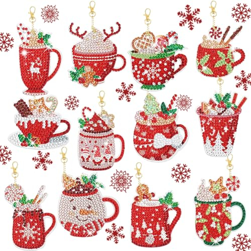 YAOYIN Diamond Painting Noël Kit - 12pc DIY Porte-Clé pour Enfants et Adultes - Décoration Arbres de Noël, Étiquette Cadeau, Sacs d'école
