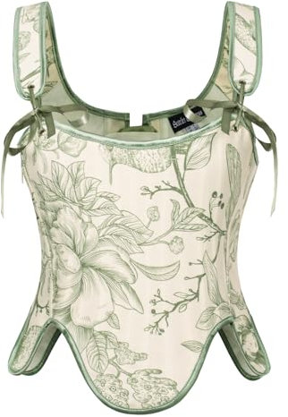 SCARLET DARKNESS Women Floral Corset Top Lace-up Renaissance Vintage Corsets Rococo Cropped Tank Tops Green Floral Corset for Summer 08