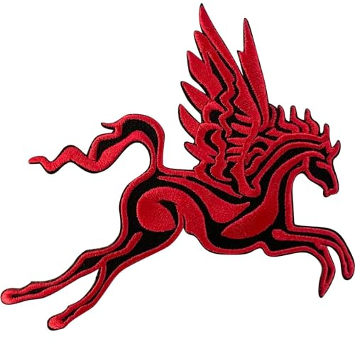 Pegasus Aufnäher zum Aufbügeln oder Aufnähen auf Kleidung, Tasche, Schwarz / Rot, geflügeltes Pferd, bestickt