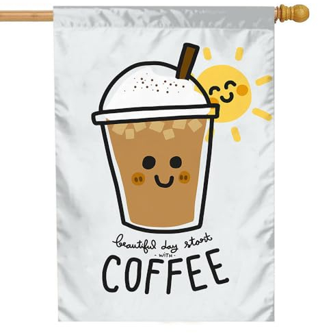 Moslion Kaffeehaus-Flagge, 71,1 x 101,6 cm, niedliches Cartoon-Sonnenschein-Kritzeleien, schöner Tagesbeginn mit Kaffee, große Gartenflagge, doppelseitige Banner für Terrasse, Rasen,