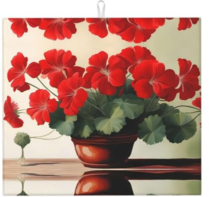 YYHWHJDE Abtropfmatte mit roten Geranien für die Küche: wasserabsorbierend, rutschfest, wendbar, mit Umhängeband zum Aufhängen, 45,7 x 40,6 cm