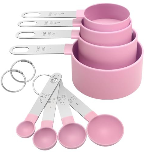 Measuring Cups Set Measuring Spoons Set, Nesting Measure Cups with Stainless Steel Handle, For Measuring Dry and Liquid Ingredients Small Teaspoon with Plastic Head (Pink)