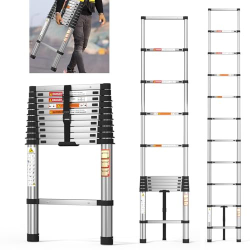 Scala telescopica da 3,2m, in acciaio inox di alta qualità, scala allungabile multifunzionale, scala antiscivolo, sicuro e stabile, leggero e portatile, carico massimo 150kg, per case,soffitta, camper
