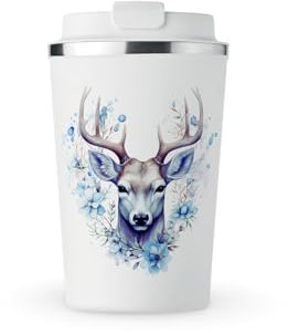MAXIKIWI Isolierter doppelwandiger, auslaufsicherer Edelstahlbecher, Kaffee- oder Tee-Reisebecher mit Deckel, hält Getränke heiß und kalt, Hirsch in frostigen Blumen, 350 ml